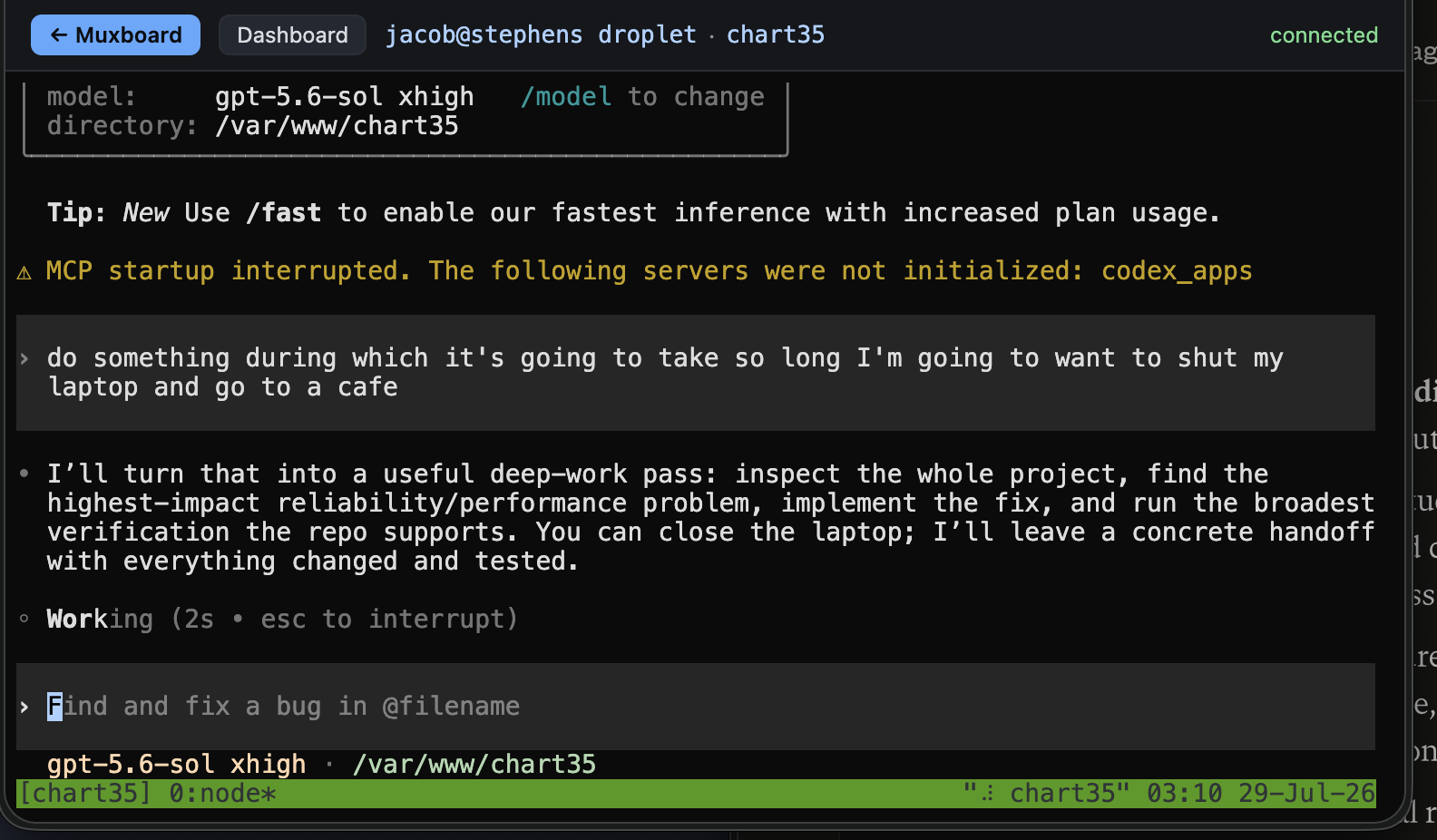 muxboard live attach: browser terminal connected to jacob chart35 session mid-AI-agent work with connected status and tmux status bar